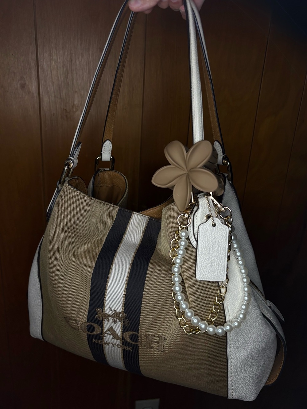 Vintage Coach Beige Canvas Tote with Black and White Stripes
